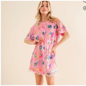Blue B Floral Sequin Mesh Mini Dress Medium Party Sparkly Rainbow Shirt Dress